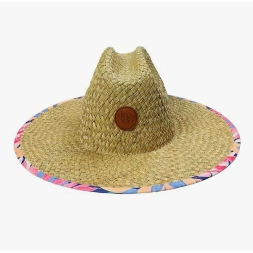NWT Roxy Girls Pina To My Colada Straw Panama Hat Wide Brim Floral Beach Sun Hat